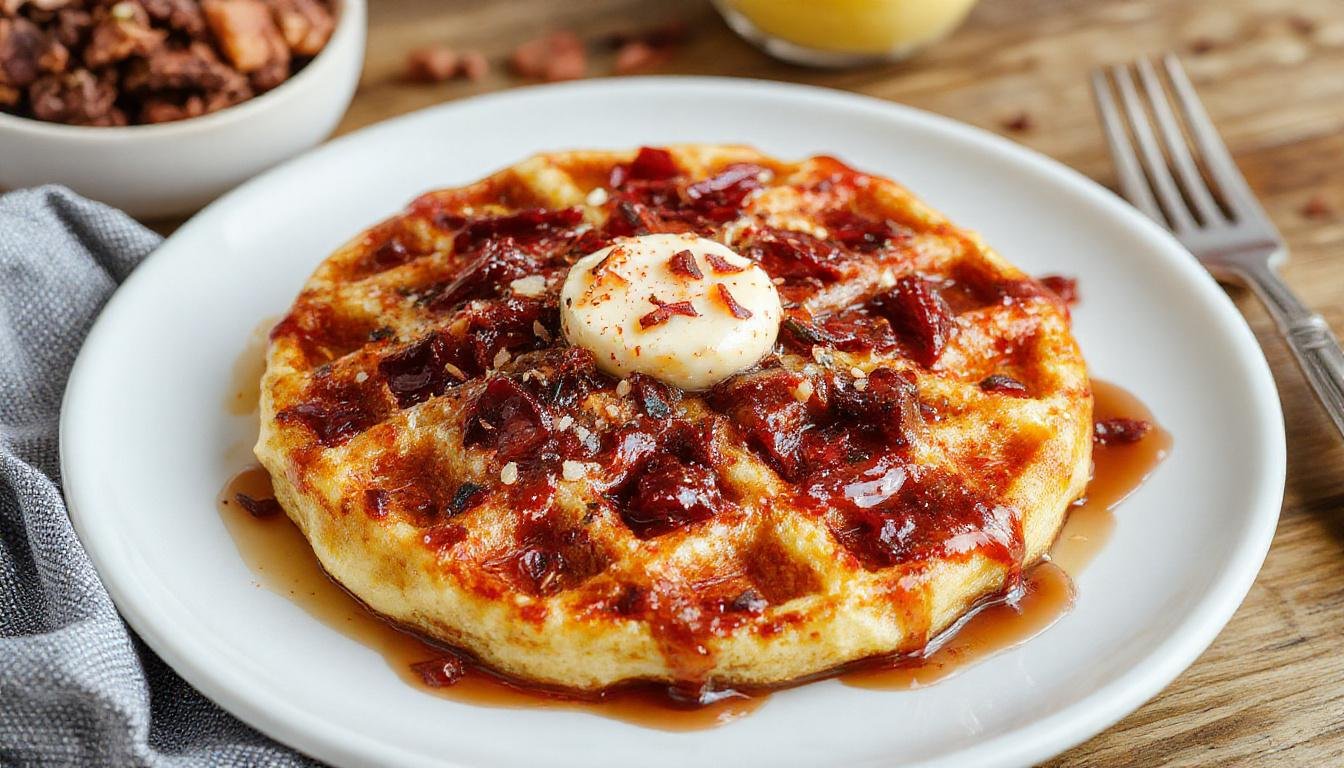 Hochwertige Käsewaffeln auf einem eleganten weißen Teller, goldbraun und knusprig, mit einer leichten Brise Frühlingszwiebeln und Käse, gut ausgeleuchtet und appetitlich angerichtet.