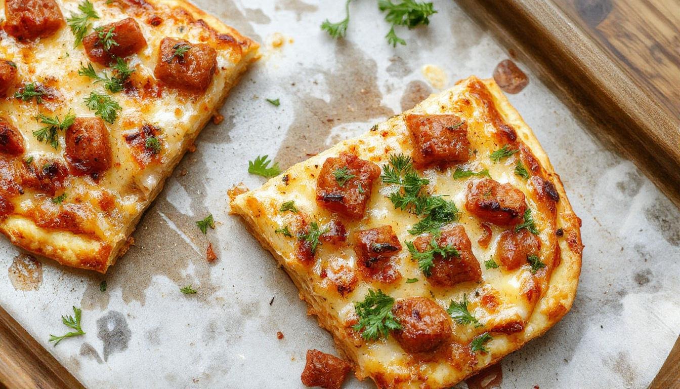 Eine frisch gebackene Low-Carb-Schüttelpizza auf einem weißen Teller. Die Pizza hat einen knusprigen, goldbraunen Rand, der Belag besteht aus geschmolzenem Käse, bunten Paprikastreifen, grünen Kräutern und dünnen Scheiben von Wurst. Die Oberfläche ist leicht gebräunt und die Zutaten sind sichtbar verteilt, mit einem luftigen, lockeren Teigboden.