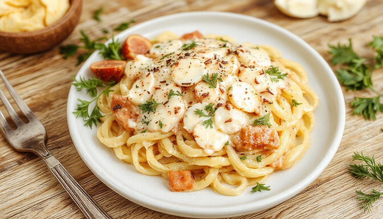 Eine cremige Pasta mit saftigem Hähnchenfleisch, serviert auf einem weißen Teller. Die Nudeln sind glatt und goldgelb, mit einer samtigen Alfredo-Sauce bedeckt, garnieren mit frisch gehackter Petersilie. Im Hintergrund ist eine helle Tischdekoration sichtbar, die das Gericht appetitlich in Szene setzt.