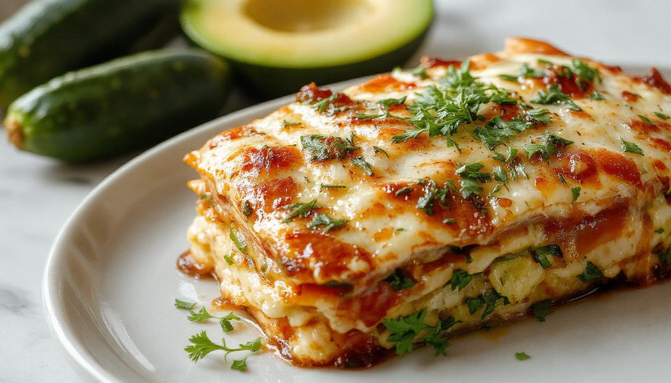 Eine appetitliche Zucchini-Lasagne auf einem weißen Teller, geschichtet mit duftendem Käse, saftigen Zucchinischeiben und einer goldbraunen Kruste, garniert mit frischen Kräutern, vor einem hellen, einladenden Hintergrund.