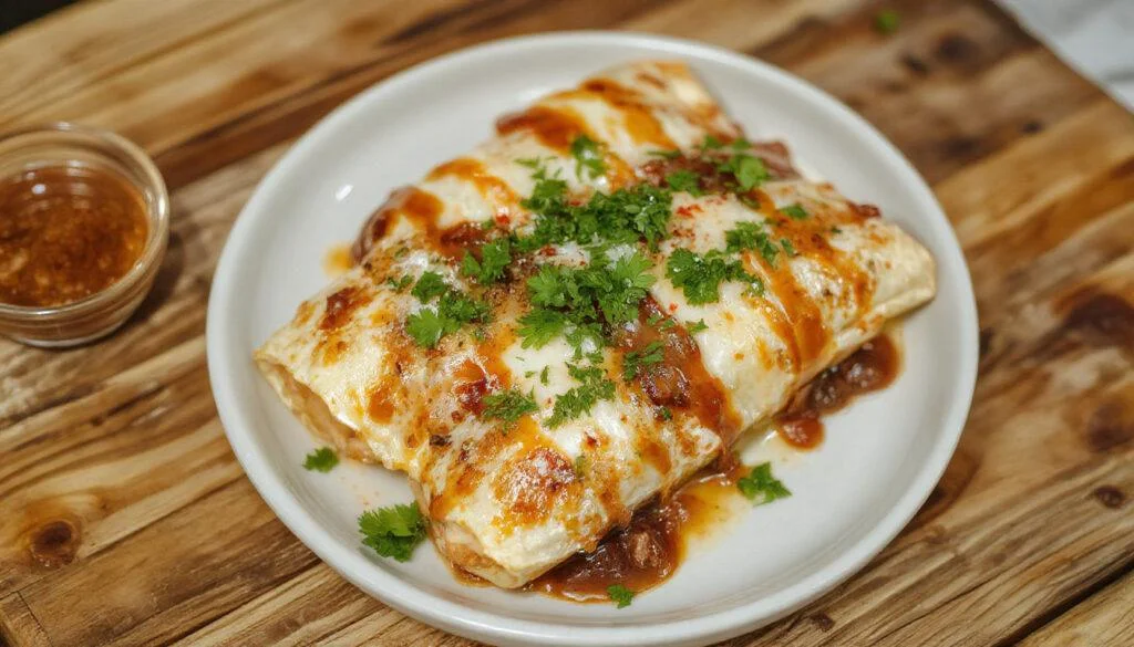 Bunte Hackfleisch-Enchiladas auf einem weißen Teller, mit goldbrauner Käsekruste, frischer Koriander und rote Paprikastreifen, serviert auf einem rustikalen Holztisch