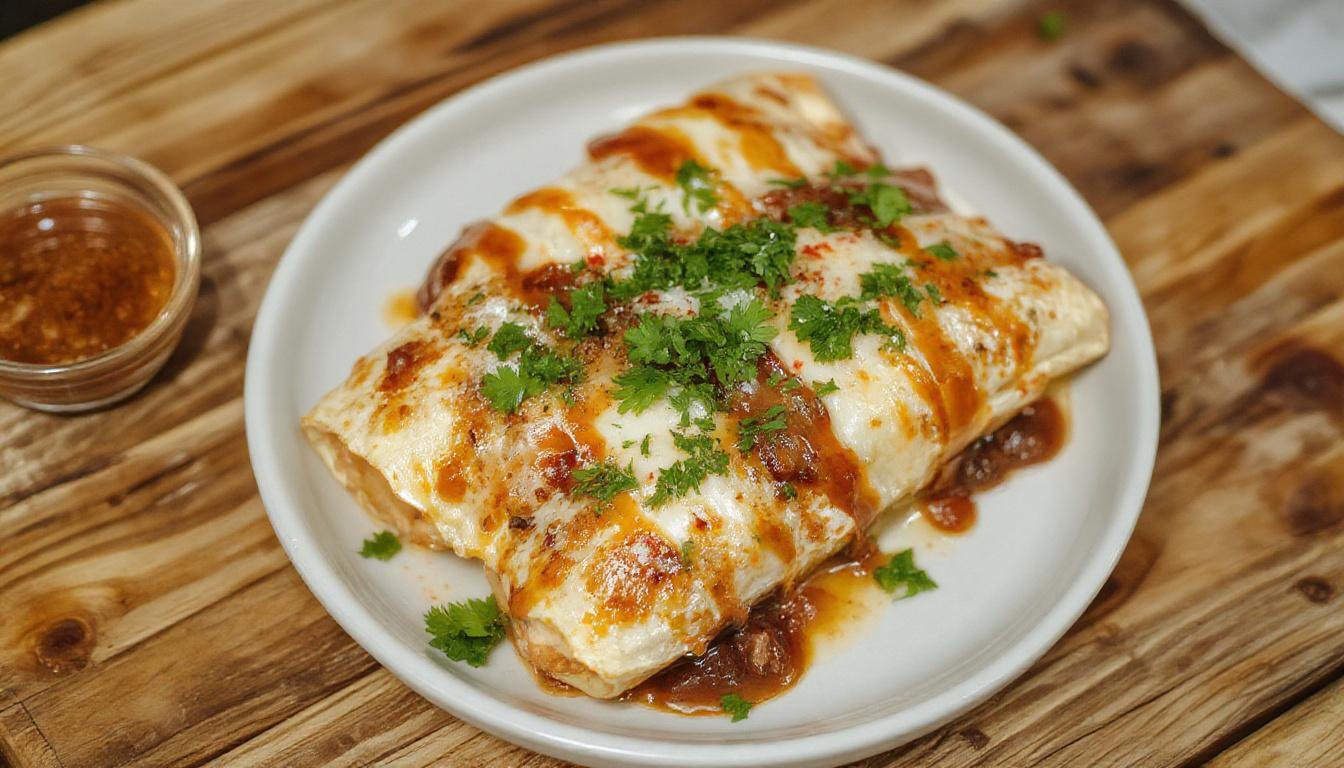 Bunte Hackfleisch-Enchiladas auf einem weißen Teller, mit goldbrauner Käsekruste, frischer Koriander und rote Paprikastreifen, serviert auf einem rustikalen Holztisch