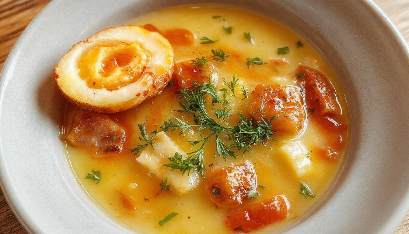 Eine dampfende Schüssel Gyrossuppe mit saftigem Gyrosfleisch, frischen Tomaten, Zwiebeln, und grünen Kräutern. Die Suppe ist rotbraun mit sichtbaren Fleischstücken und garnieren mit frischer Petersilie, auf einem Holztablett serviert mit knusprigem Fladenbrot im Hintergrund.