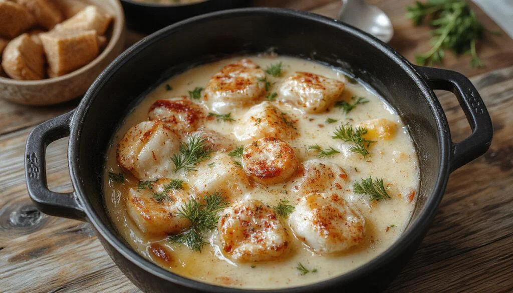 Eine bunte toskanische Hähnchenpfanne in einer eleganten Pfanne, mit goldbraun gebratenem Hähnchen, roten Tomaten, grünen Zucchini und frischen Kräutern, alles schön angerichtet.