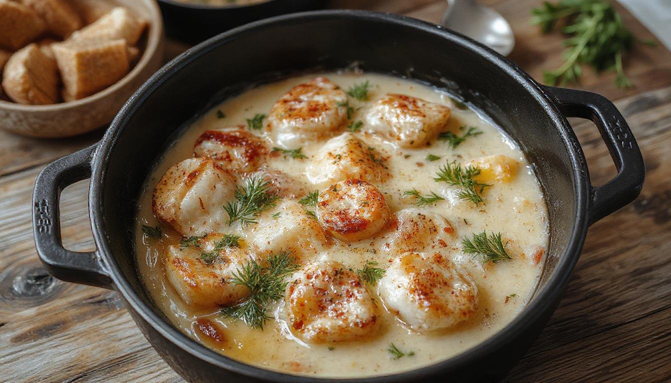 Eine bunte toskanische Hähnchenpfanne in einer eleganten Pfanne, mit goldbraun gebratenem Hähnchen, roten Tomaten, grünen Zucchini und frischen Kräutern, alles schön angerichtet.
