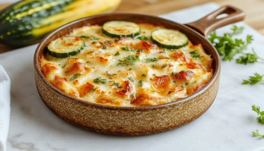 Bunte Zucchini-Reis-Pfanne in einer weißen Schüssel mit frischen grünen Zucchini, roten Paprikastreifen und lockeren weißen Reis, garniert mit frischen Kräutern.