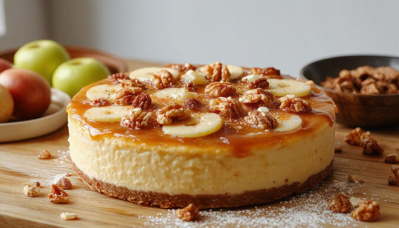 Ein cremiger Apfel-Cheesecake mit goldbraunen Walnuss-Streuseln, auf einem eleganten Teller serviert. Der Kuchen hat eine glatte Oberfläche mit sichtbaren Apfelstücken und knusprigen Streuseln an der Oberfläche, eingerahmt von einem zarten Rand des Käses. Im Hintergrund sind frische Apfelscheiben und Walnüsse zu sehen.