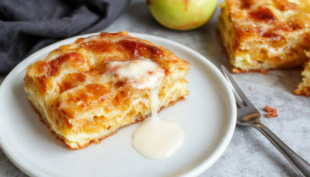 Ein frisch gebackener Apfelkuchen mit goldbrauner Kruste, in Stücke geschnitten, mit Vanillepudding und Apfelscheiben dekoriert, auf einem oberen Blech mit Streuseln