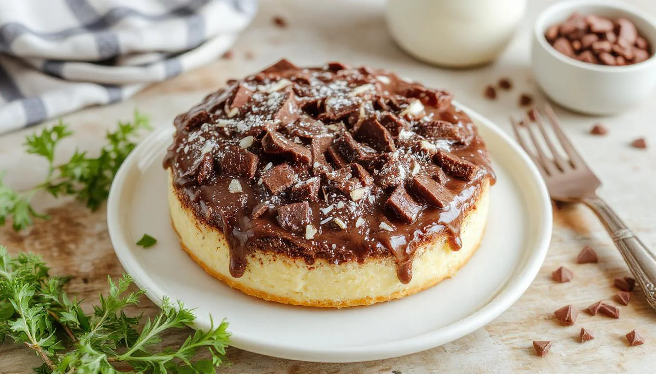 Ein saftiger Schokoladenkuchen mit einer dunklen, glĂ€nzenden Schokoladenglasur, garniert mit frischen Beeren und MinzblĂ€ttern, auf einem weiĂen Teller prĂ€sentiert, mit einem leicht zerklĂŒfteten, fudgy Inneren sichtbar.