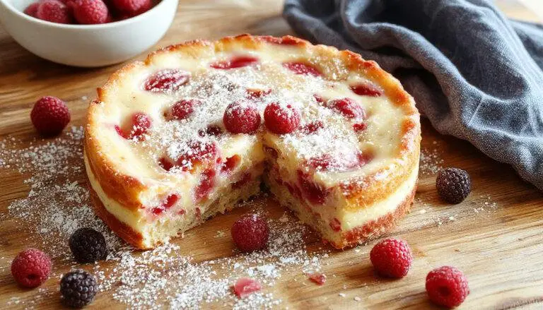 Ein goldbrauner Joghurt-Blechkuchen mit einer glatten, leicht luftigen Oberfläche, bestreut mit Puderzucker und kleinen Joghurt-Klecksen, auf einem weißen Teller präsentiert, umgeben von frischen Beeren und Minzblättern