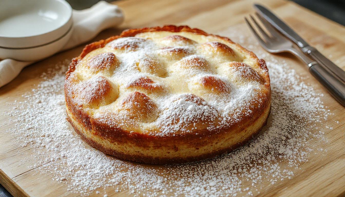 Ein cremiger Milchmädchen-Kuchen auf einer weißen Kuchenplatte, bedeckt mit Kokosraspeln und einer Schicht Schokoglasur, darunter frische Früchte und Biskuitboden sichtbar