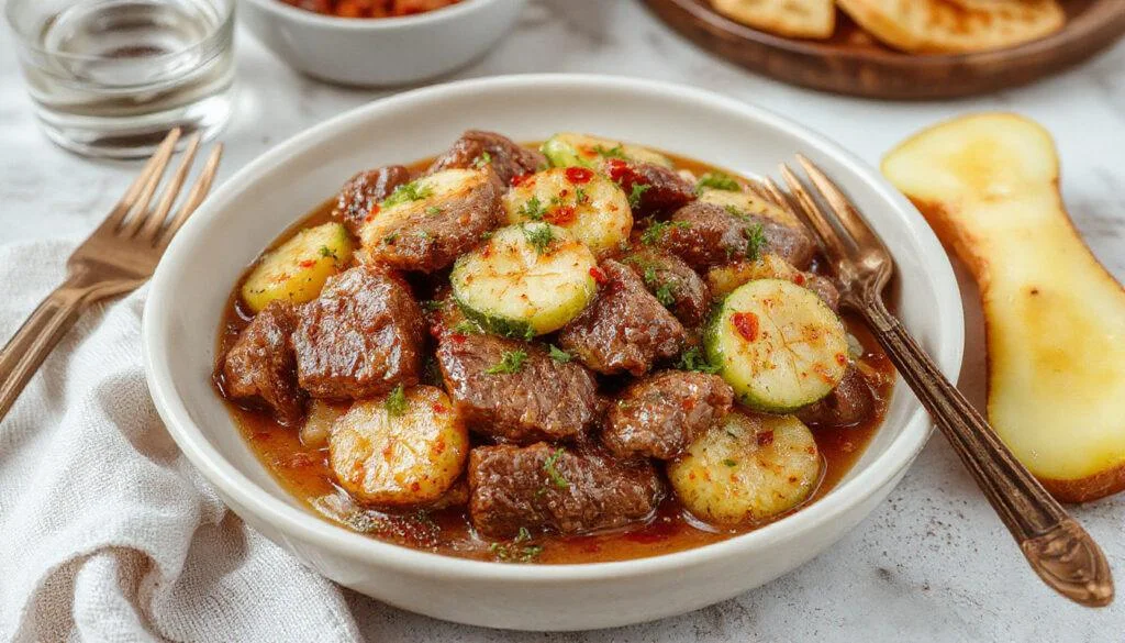 Ein goldbrauner Nudelauflauf in einer rechteckigen Auflaufform, garniert mit frischer grüner Zucchini und geschmolzenem Käse, serviert auf einem rustikalen Holztisch.