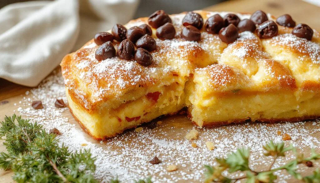 Ein saftiger Zimtschneckenkuchen in einer rechteckigen Backform, mit goldbrauner Kruste, bestreut mit Zimtpuder, sichtbar sind Zimtschnecken, die gleichmäßig im Teig verteilt sind.