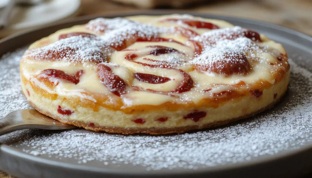 Ein saftiger Marmorkuchen mit Marmoroptik, goldbraune Kruste und zartem inneren Teig, dekoriert mit Puderzucker auf einem weißen Teller, umgeben von Kaffeetassen