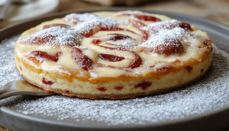 Ein saftiger Marmorkuchen mit Marmoroptik, goldbraune Kruste und zartem inneren Teig, dekoriert mit Puderzucker auf einem weißen Teller, umgeben von Kaffeetassen