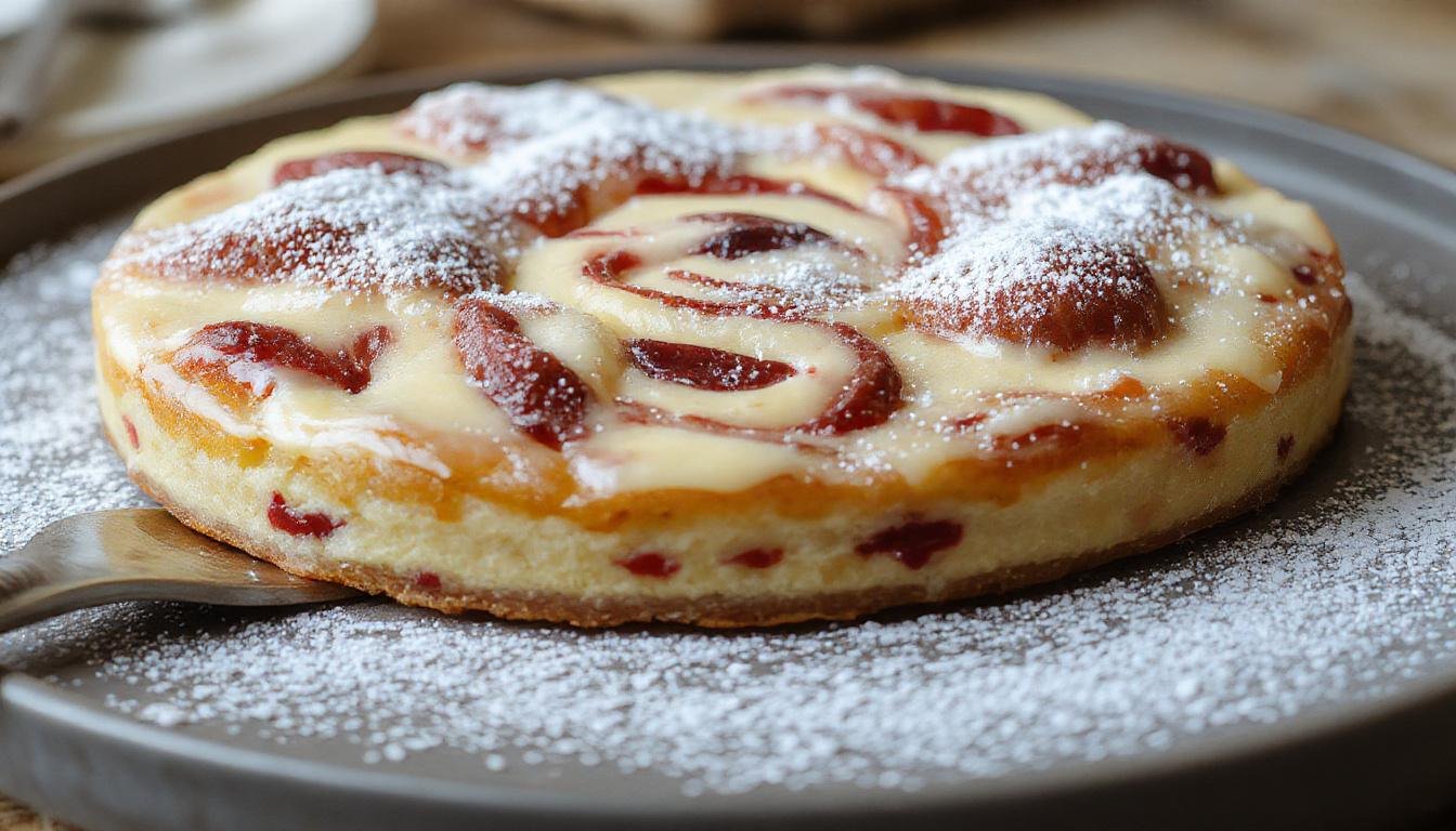 Ein saftiger Marmorkuchen mit Marmoroptik, goldbraune Kruste und zartem inneren Teig, dekoriert mit Puderzucker auf einem weißen Teller, umgeben von Kaffeetassen