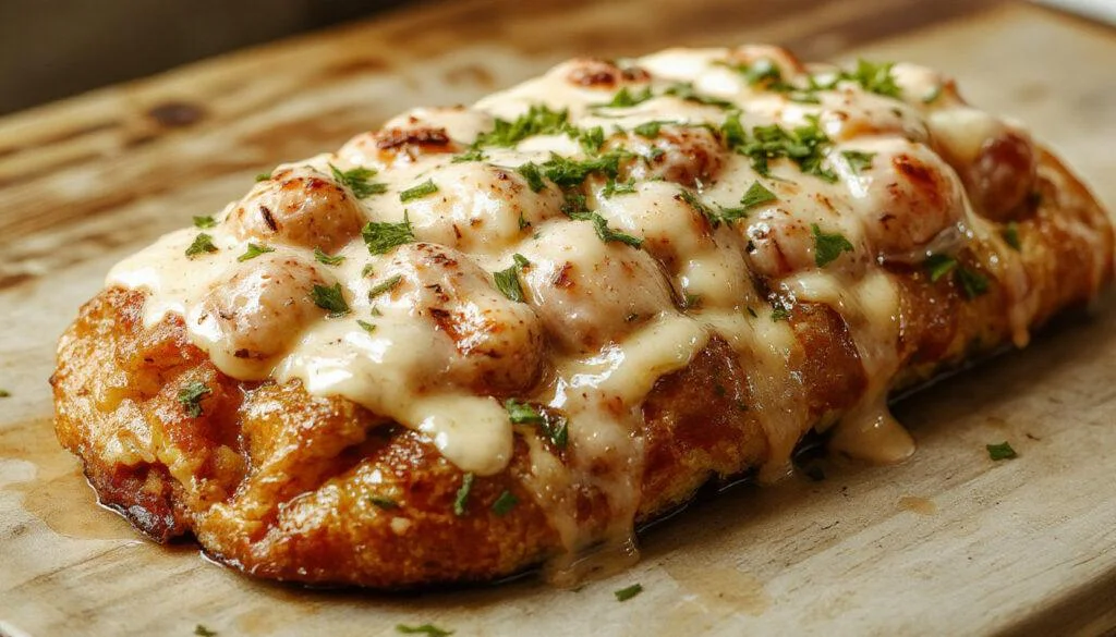 Das Bild zeigt ein Teller mit zart gebratenem Hähnchen-Gyros, das in einer cremigen Schmand-Soße liegt. Das Gyros ist goldbraun und saftig, umgeben von frischen Kräutern, und ist serviert auf einem weißen Porzellanteller. Die Soße ist dickflüssig und zeigt eine cremige Konsistenz, mit kleinen Stücken von Knoblauch und Gewürzen sichtbar.