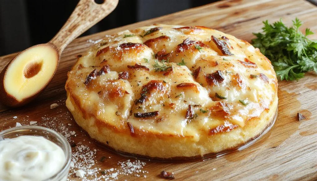 Ein Teller mit cremigem Hühnerfrikassee, serviert auf weißem Porzellan, mit saftigen Hähnchenstücken, zarten Gemüsewürfeln, umgeben von einer glänzenden, hellen Soße und einer Beilage aus leicht lockeren Weizenreis. Das Gericht ist ansprechend angerichtet mit frischen Kräutern bestreut und perfektioniert in einer gemütlichen, hellen Küche.