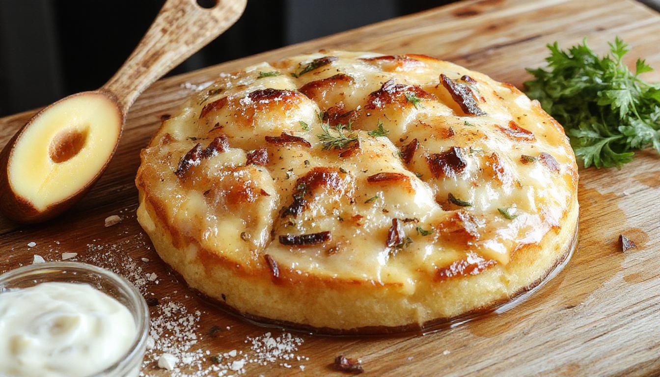 Ein Teller mit cremigem Hühnerfrikassee, serviert auf weißem Porzellan, mit saftigen Hähnchenstücken, zarten Gemüsewürfeln, umgeben von einer glänzenden, hellen Soße und einer Beilage aus leicht lockeren Weizenreis. Das Gericht ist ansprechend angerichtet mit frischen Kräutern bestreut und perfektioniert in einer gemütlichen, hellen Küche.