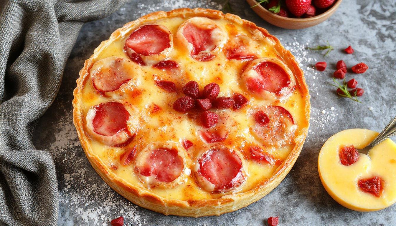 Eine goldene Elsässische Mirabellen-Tarte mit Frangipane, elegant angerichtet auf einem weißen Teller. Die Fruchtfüllung besteht aus saftigen Mirabellen, die im Sonnenlicht glänzen, umgeben von einem zarten, goldbraunen Mürbeteig. Die Tarte ist fein säuberlich ausgebacken, mit einem leichten Zimt-Hauch sichtbar, und die Oberfläche ist leicht karamellisiert. Im Hintergrund sind Frangipane-Creme und frische Mirabellen dezent angedeutet.