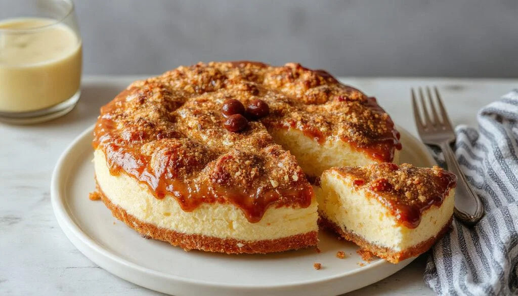 Ein cremiger Erdbeer-Cheesecake mit einem knusprigen Keksboden, oben glasiert mit frischen, roten Erdbeeren und einem Hauch von Minzblättern, auf einem weißen Teller serviert, mit zartem, samtigem Käsekuchen und lebendigen Farben.