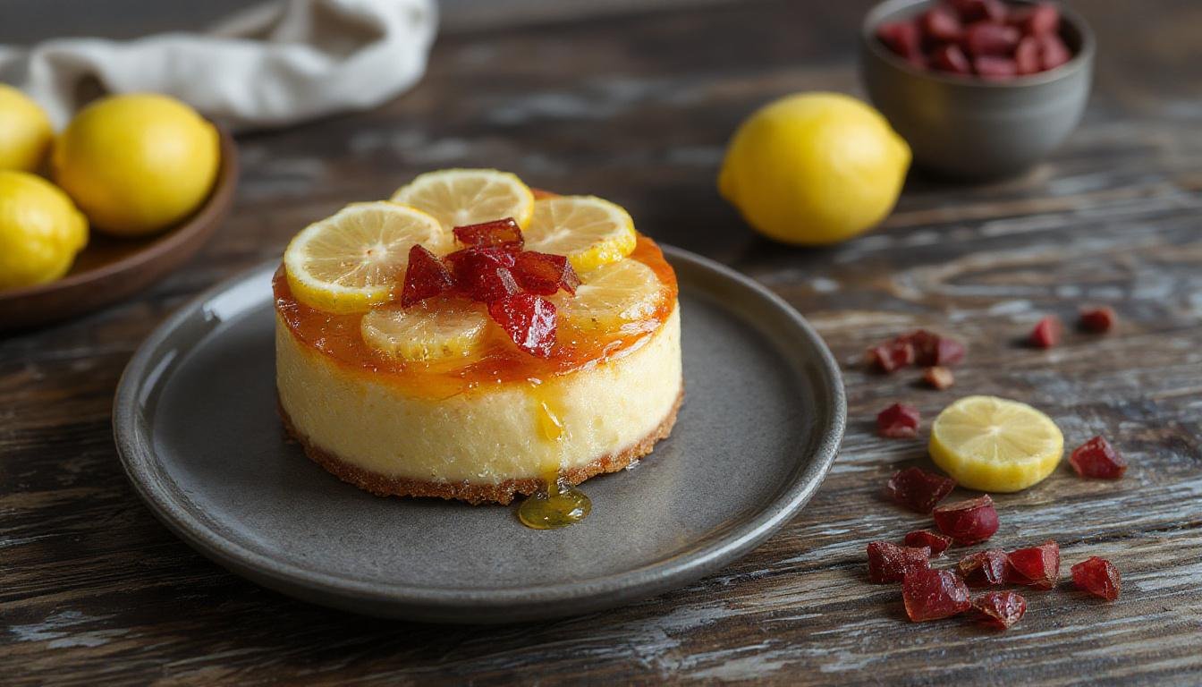 Eine elegante Lemon-Curd-Torte, verziert mit bunten Farbklekse auf einem weißen Porzellanteller. Die Torte hat eine goldbraune Kruste, gefüllt mit hellem, cremigem Lemon-Curd und ist mit Zuckerguss und bunten Farbflecken dekoriert. Der Hintergrund ist hell und minimalistisch, um die Frische und die bunten Akzente der Torte hervorzuheben.
