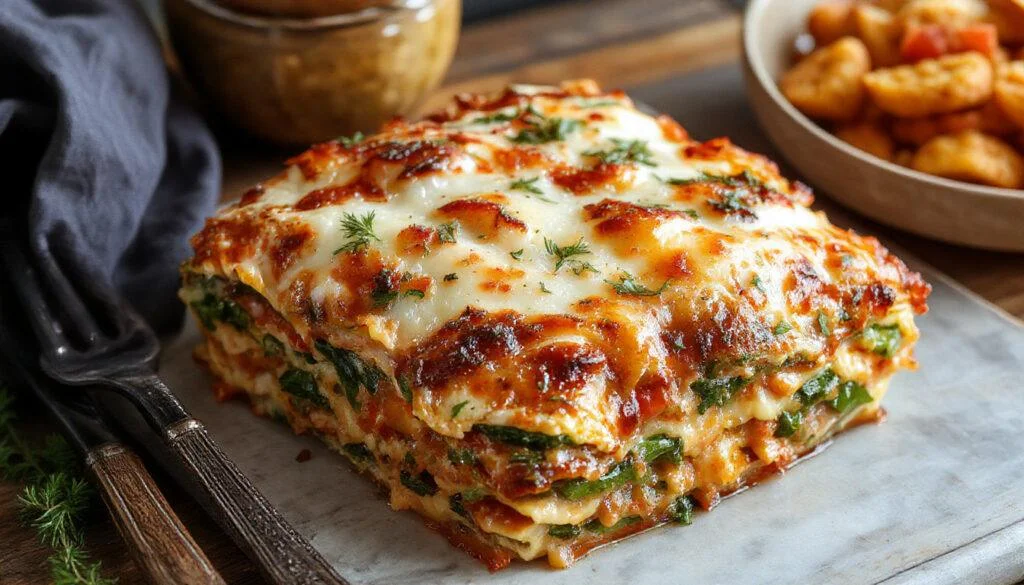 Eine appetitliche Schichtung von vegetarischer Gemüselasagne in einer weißen rechteckigen Auflaufform. Das Gericht ist goldbraun und saftig, mit sichtbaren Schichten aus weichgegartem Gemüse und cremiger Bechamelsauce, garniert mit frisch gehackten Kräutern.