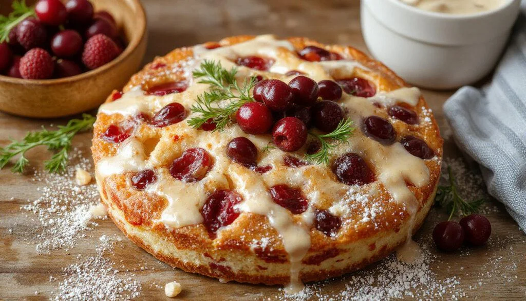 Ein saftiger Streuselkuchen mit einer goldbraunen Kruste, reichlich Obst nach Wahl, auf einem weißen Teller angerichtet, umgeben von frischen Früchten und Zimtstaub.
