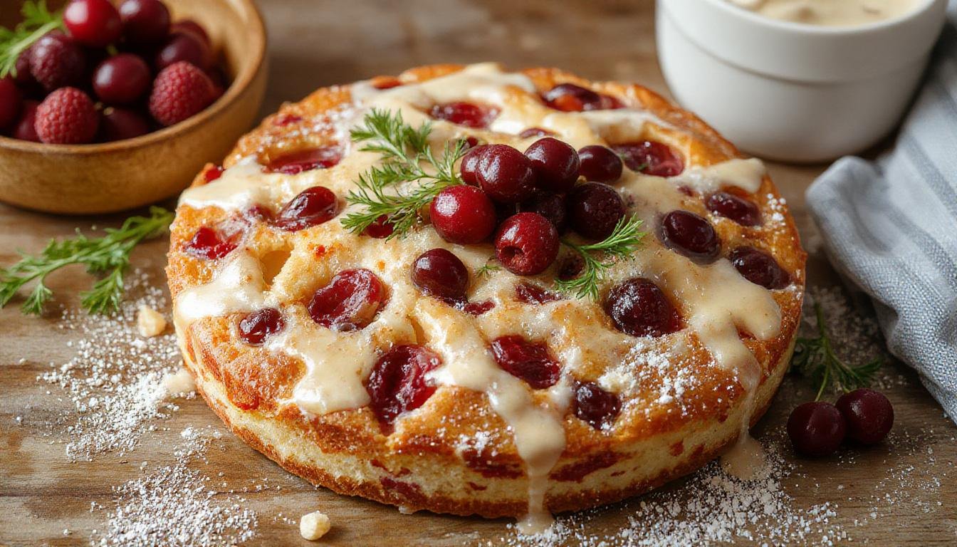Ein saftiger Streuselkuchen mit einer goldbraunen Kruste, reichlich Obst nach Wahl, auf einem weißen Teller angerichtet, umgeben von frischen Früchten und Zimtstaub.
