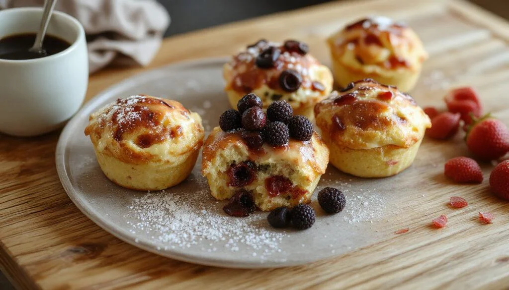 Frische, goldbraune Pancake-Muffins in einer weißen Schale, serviert mit Ahornsirup, frischen Beeren und Puderzucker, auf einem Holzbrett angerichtet, lichtdurchflutet