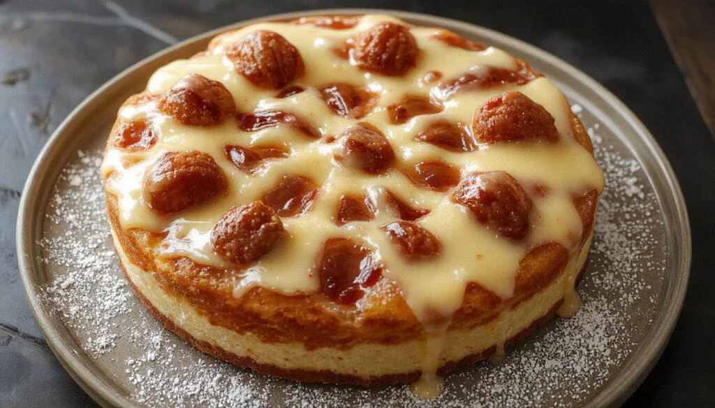 Ein frisch gebackener französischer Pflaumenkuchen auf einem weißen Teller, bedeckt mit einer goldbraunen Streuseldecke und saftigen, violetten Pflaumen, die leicht über den Rand hinausragen. Das Gericht sitzt auf einem rustikalen Holztisch mit einem Hauch von Puderzucker bestäubt, während im Hintergrund ein elegantes Küchenarrangement sichtbar ist.