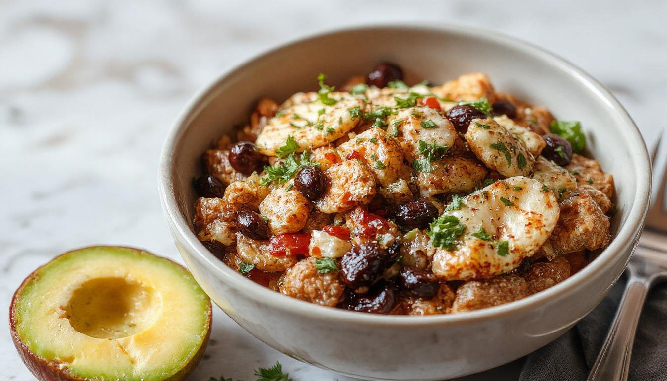 Bunte Burrito-Bowl mit frisch belegtem Reis, schwarzen Bohnen, Mais, saftigem Hühnchen, Avocado, roter Paprika, frischer grüner Salat, und Käse, kunstvoll angerichtet in einer weißen Schüssel mit bunten Toppings
