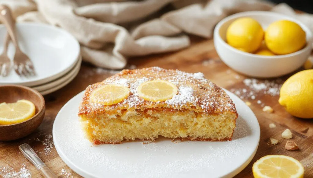 Ein saftiger Zitronenkuchen mit hellgelber Kruste, bestäubt mit Puderzucker, sitzt auf einem weißen Teller. Der Kuchen hat eine leicht hochgehobene, luftige Textur, dekoriert mit Zitronenscheiben und Minzblättern im Hintergrund.