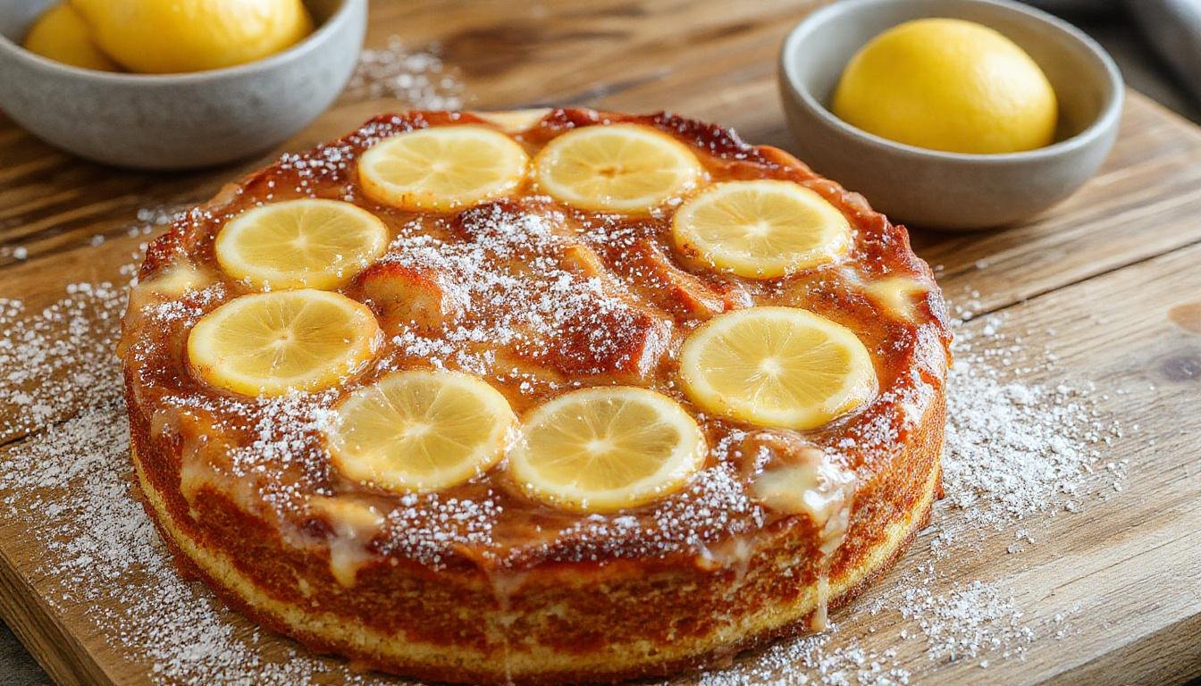 Ein saftiger Zitronenkuchen vom Blech, goldgelb gebacken, mit einer glatten Zitronenglasur und Zitronenscheiben zur Dekoration auf der Oberfläche. Der Kuchen liegt auf einem rustikalen Holztisch, der natürliche Lichtquelle hebt die frische, strahlende Farbe hervor.
