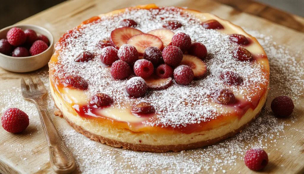 Eine hübsche Frucht-Brombeer-Joghurt-Torte, mit einer schimmernden Glasur, garniert mit frischen Brombeeren und Minzblättern, auf einem eleganten weißen Teller platziert.