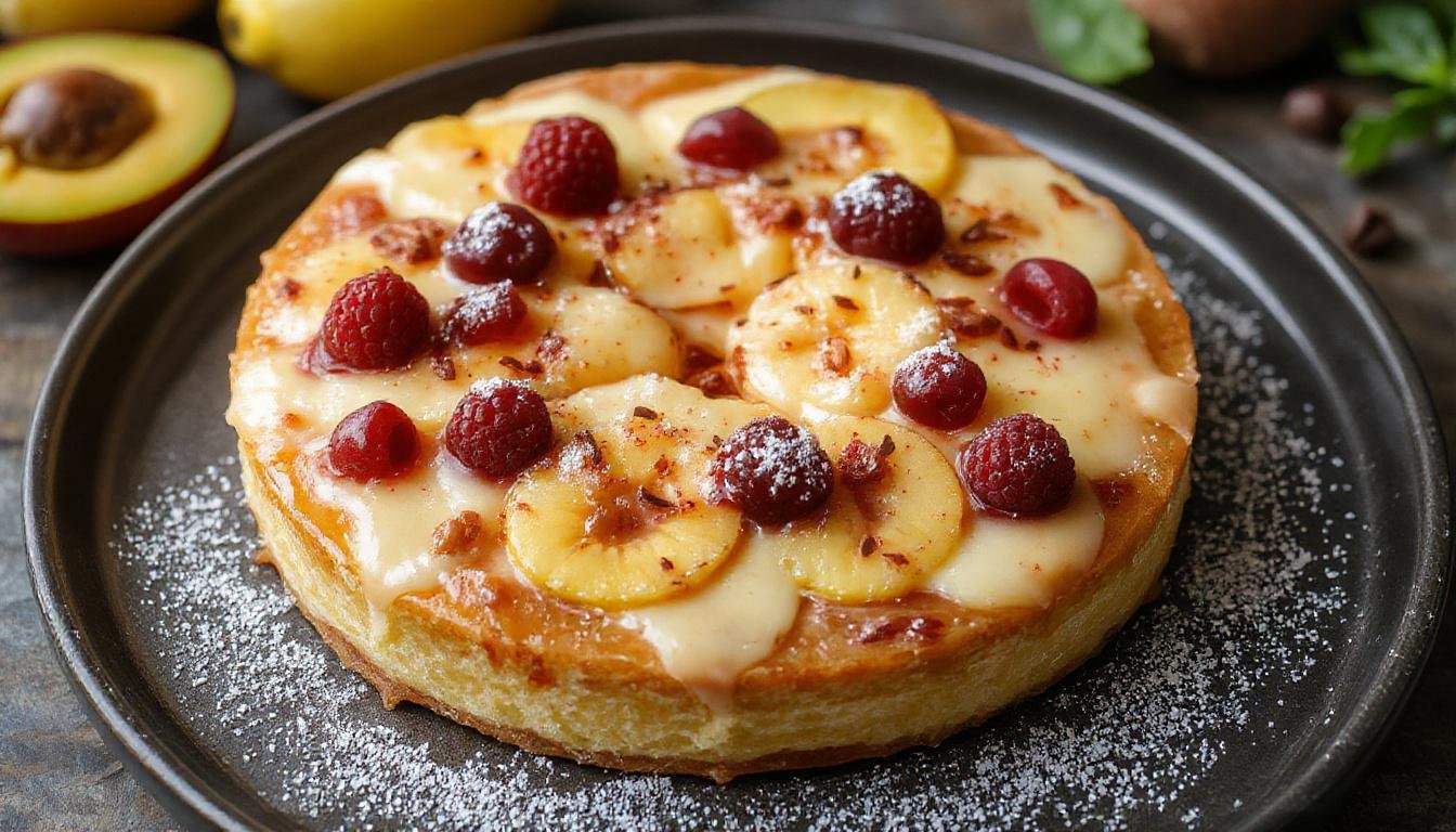 Ein elegantes kleines Törtchen mit einer goldbraunen, knusprigen Basis, belegt mit einer cremigen Joghurt-Schicht, garniert mit frischen, saftigen Pfirsich- und Maracuja-Stücken, kunstvoll angerichtet und mit einem Minzblatt dekoriert.