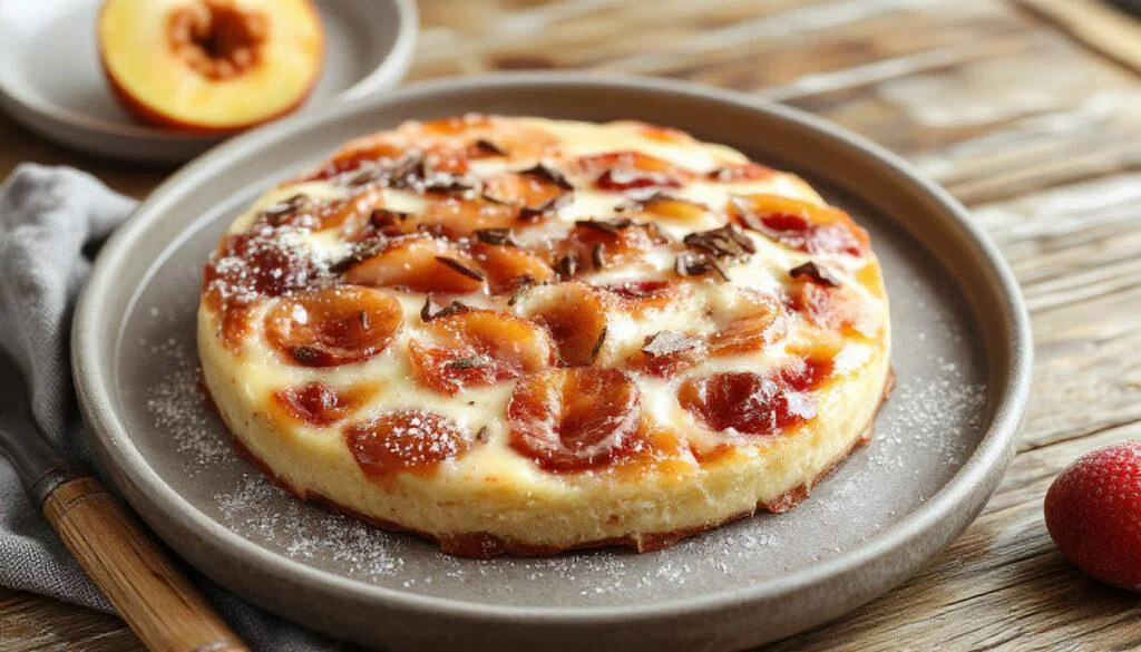 Ein frischer Aprikosenkuchen auf einem weißen Teller, bedeckt mit goldbraunen Streuseln und saftigen, aufgeschnittenen Aprikosen, umgeben von einem hellen Küchenhintergrund.