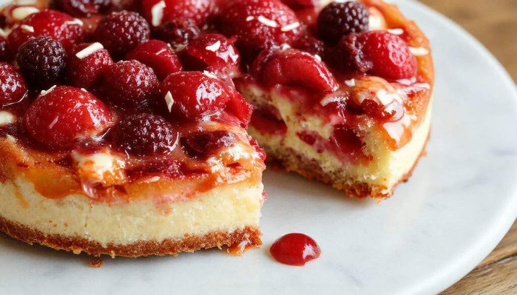 Der Fruchtige Himbeerkuchen mit weißer Schokolade zeigt eine goldbraune Kruste, bedeckt mit einer cremigen weißen Schokoladenglasur. Frische, leuchtend rote Himbeeren sind kunstvoll auf der Oberfläche verteilt, einige hängen über den Rand hinaus, während zart schmelzende weiße Schokoladenstückchen den Kuchen dekorativ verzieren. Der Kuchen ist auf einem eleganten Teller angerichtet, umgeben von einem dezenten, hellen Hintergrund, der die Frische und Eleganz des Desserts unterstreicht.