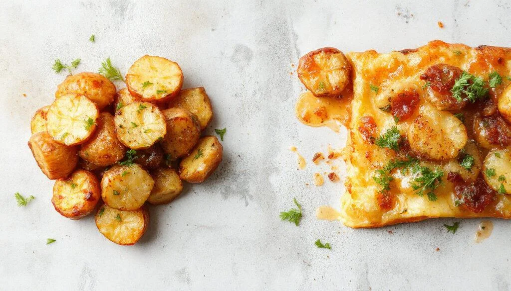 Ein Teller mit halbierten, gefüllten Kartoffeln, belegt mit einer cremigen Sauerrahm-Schmand-Mischung, knusprigem Speck und grünen Zwiebeln, alles kunstvoll angerichtet auf einem rustikalen Holzteller.