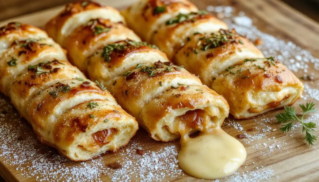 Goldbraune, knusprige Baguette-Scheiben, die auf einem rustikalen Holzteller arrangiert sind. Das Innere ist sichtbar mit einer Vielzahl von geschmolzenem Käse, Schinkenwürfeln, Tomaten und frischen Kräutern. Die Oberfläche ist leicht glänzend mit einer knusprigen Textur, während die Füllung aus schmelzendem Käse und saftigen Zutaten hervorlugt.