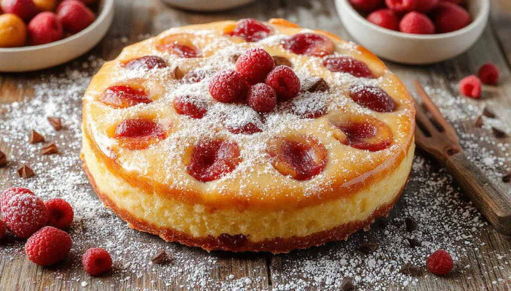Ein frisch gebackener gelber Pflaumenkuchen auf einem weißen Teller, mit goldbrauner Kruste und saftigen, gelben Zwetschgen, dekorativ mit Puderzucker bestäubt, serviert auf einem Holztablett.