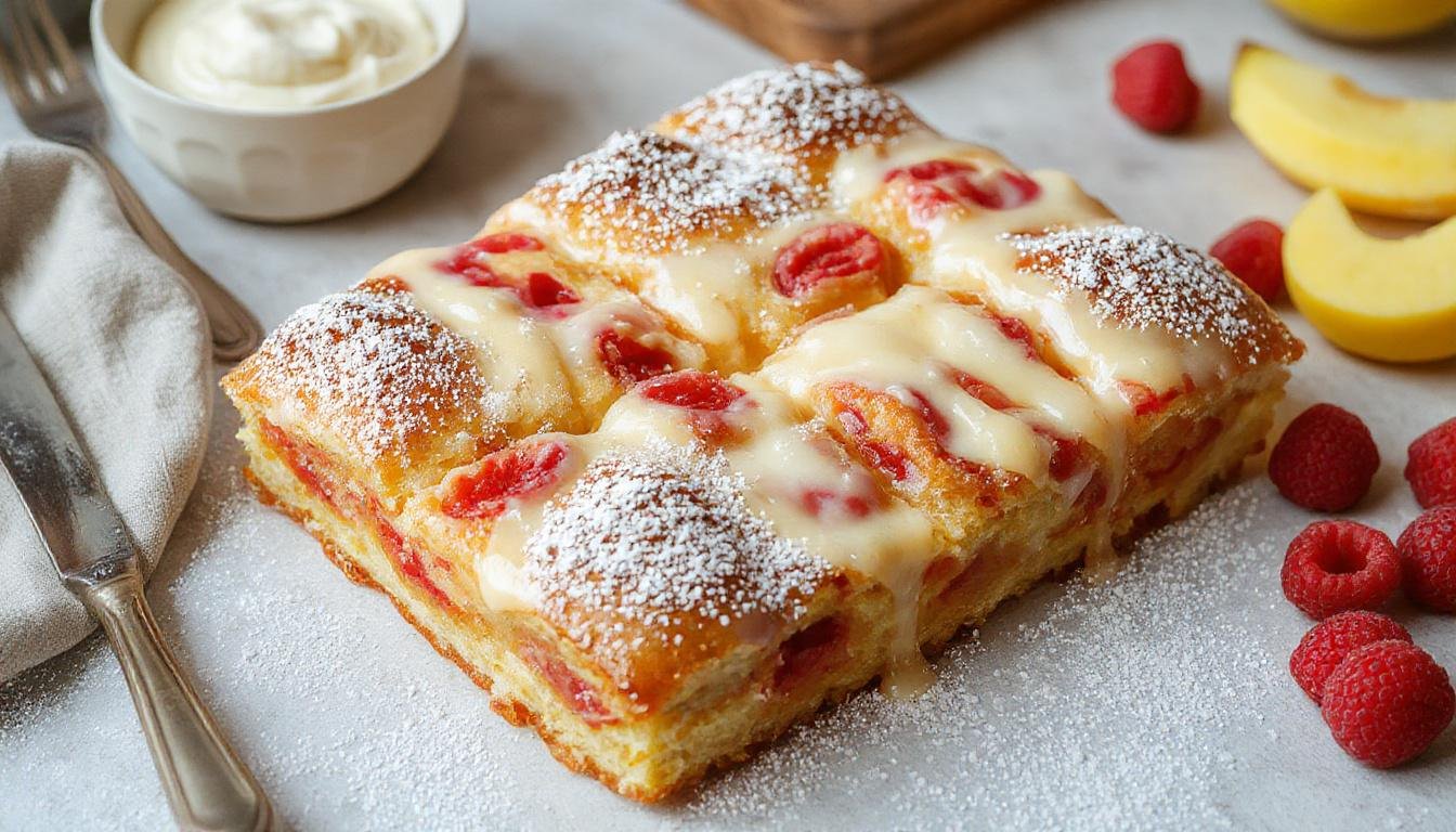 Ein frisch gebackener Pflaumenkuchen auf einem weißen Teller, bedeckt mit saftigen, violetten Pflaumen und einer goldbraunen Kruste, garniert mit Puderzucker, vor einem rustikalen Holzuntergrund