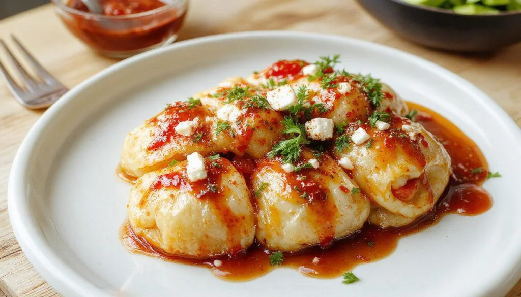 Ein appetitlicher Maultaschen-Auflauf in einer rechteckigen Glas-Backform, goldbraun gebacken mit zerbröckeltem Feta und gerösteter roter Paprika obenauf. Die Maultaschen sind leicht knusprig an den Rändern, die Farbe des Fetas kontrastiert schön mit der roten Paprika, sichtbar durch die klare Glasschicht, auf einem rustikalen Holztisch angerichtet