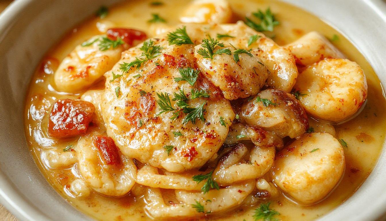 Ein Teller mit hell braunem Geschnetzeltem aus zartem Fleisch, serviert neben fluffigem weißen Reis, garniert mit frischen Kräutern und buntem Gemüse, in einem eleganten Geschirr auf einem Holztisch