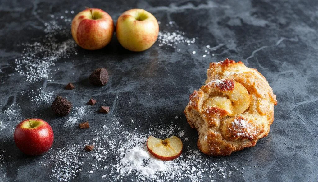 Frische, goldbraune Apfel-Haferflocken-Kekse mit sichtbaren Haferflocken und kleinen Apfelstückchen, kunstvoll auf einem weißen Teller angerichtet, mit einer leichten Textur und einem natürlichen, einladenden Aussehen.