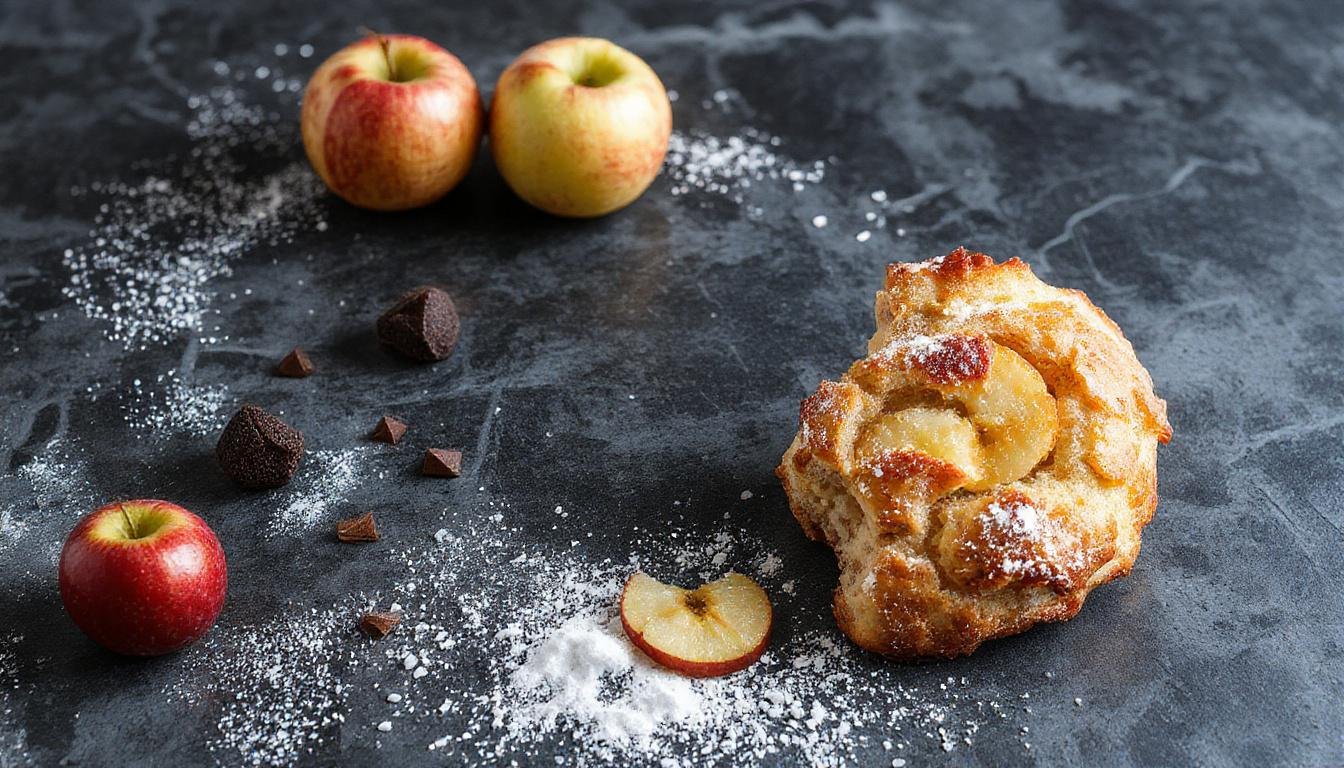 Frische, goldbraune Apfel-Haferflocken-Kekse mit sichtbaren Haferflocken und kleinen Apfelstückchen, kunstvoll auf einem weißen Teller angerichtet, mit einer leichten Textur und einem natürlichen, einladenden Aussehen.
