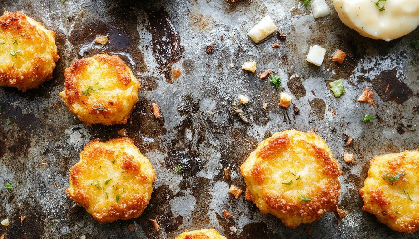 Helle, goldbraune Käse-Brokkoli-Nuggets auf einem weißen Teller, garniert mit frischen Kräutern, knusprig an der Außenseite, sichtbar weicher Käse und grüner Brokkoli im Inneren.