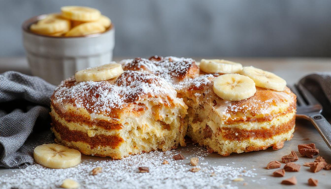 Ein frisch gebackener, goldbrauner Fitness-Kuchen mit Haferflocken und Bananenscheiben an der Oberfläche, prall und saftig, präsentiert auf einem weißen Teller mit einem Löffel, umgeben von frischen Bananen und Haferflocken, mit einem blauen Stofftuch im Hintergrund.