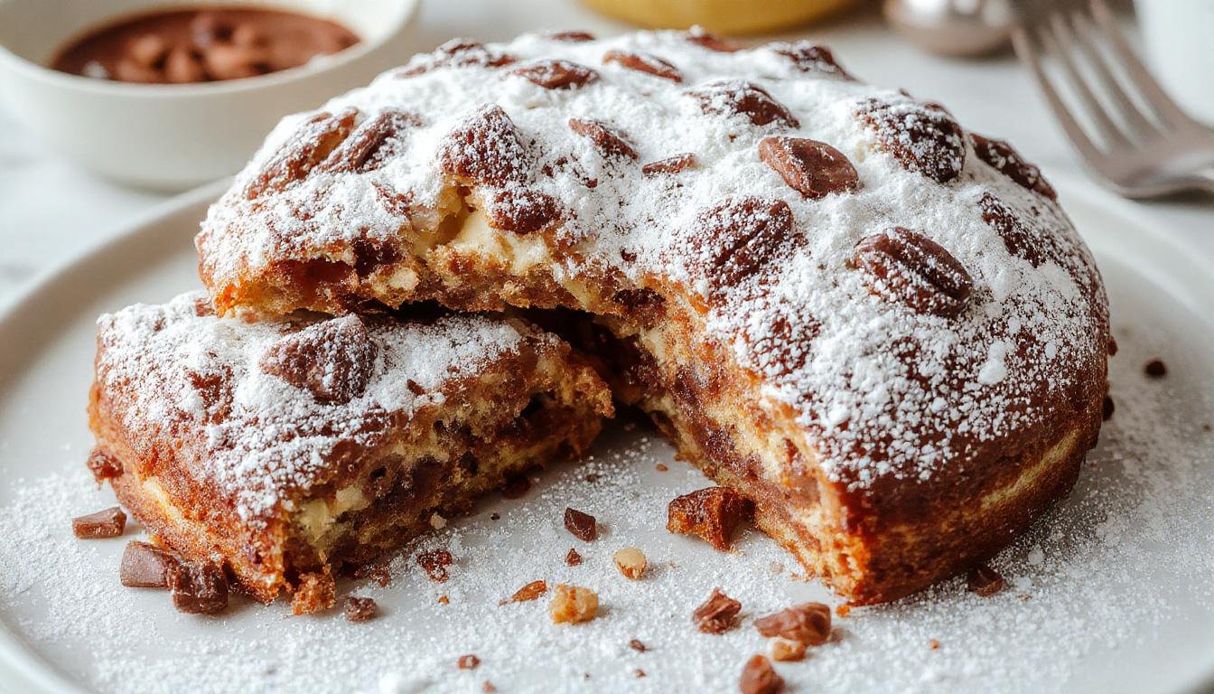Ein saftiger Schoko-Haferflocken-Kuchen auf einem weißen Teller, garniert mit dunkler Schokolade und gehackten Haferflocken, im Fokus mit einer warmen, einladenden Atmosphäre
