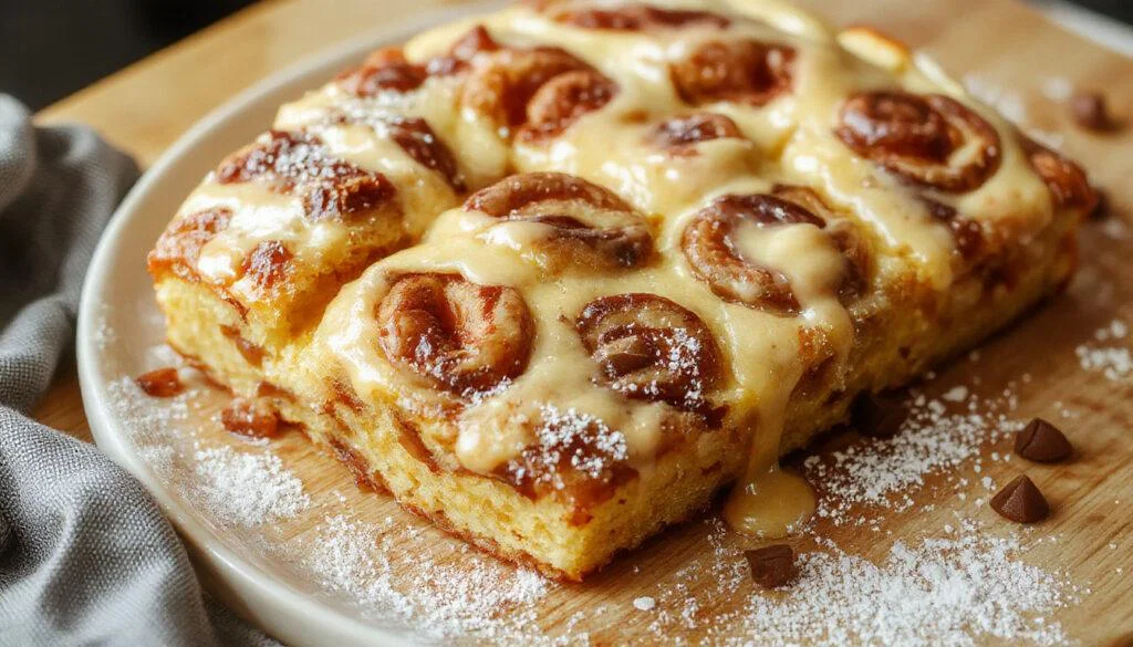 Ein frisch gebackener glutenafareier Pflaumenkuchen auf einem rustikalen Holzbrett. Die goldbraune Kruste ist leicht knusprig, mit saftigen violetten Pflaumen belegt. Der Kuchen ist mit Puderzucker bestäubt und wirkt einladend und appetitlich.